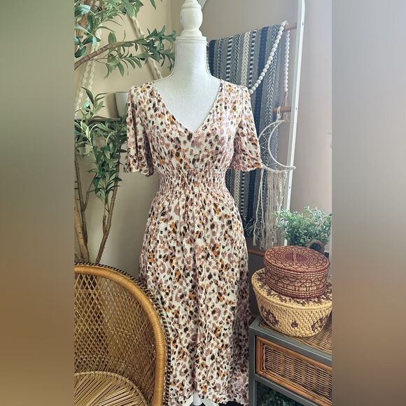 Lola Grace Pink Orange Leopard Print Button Down Smocked Flutter Sleeve Dress - Picture 10 of 10